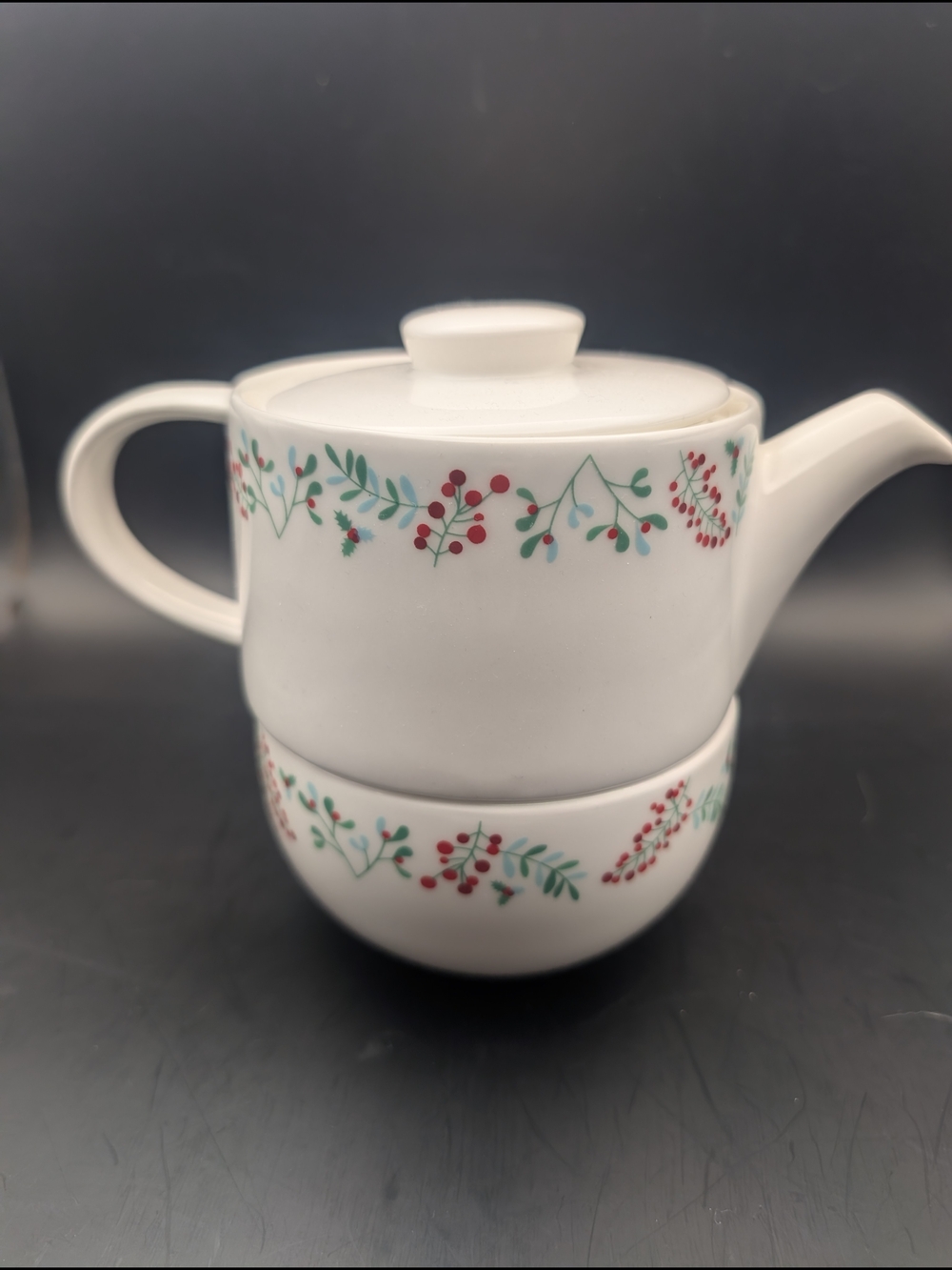 White Ceramic Teapot and Cup Set with Red Berry and Green Leaf Motif